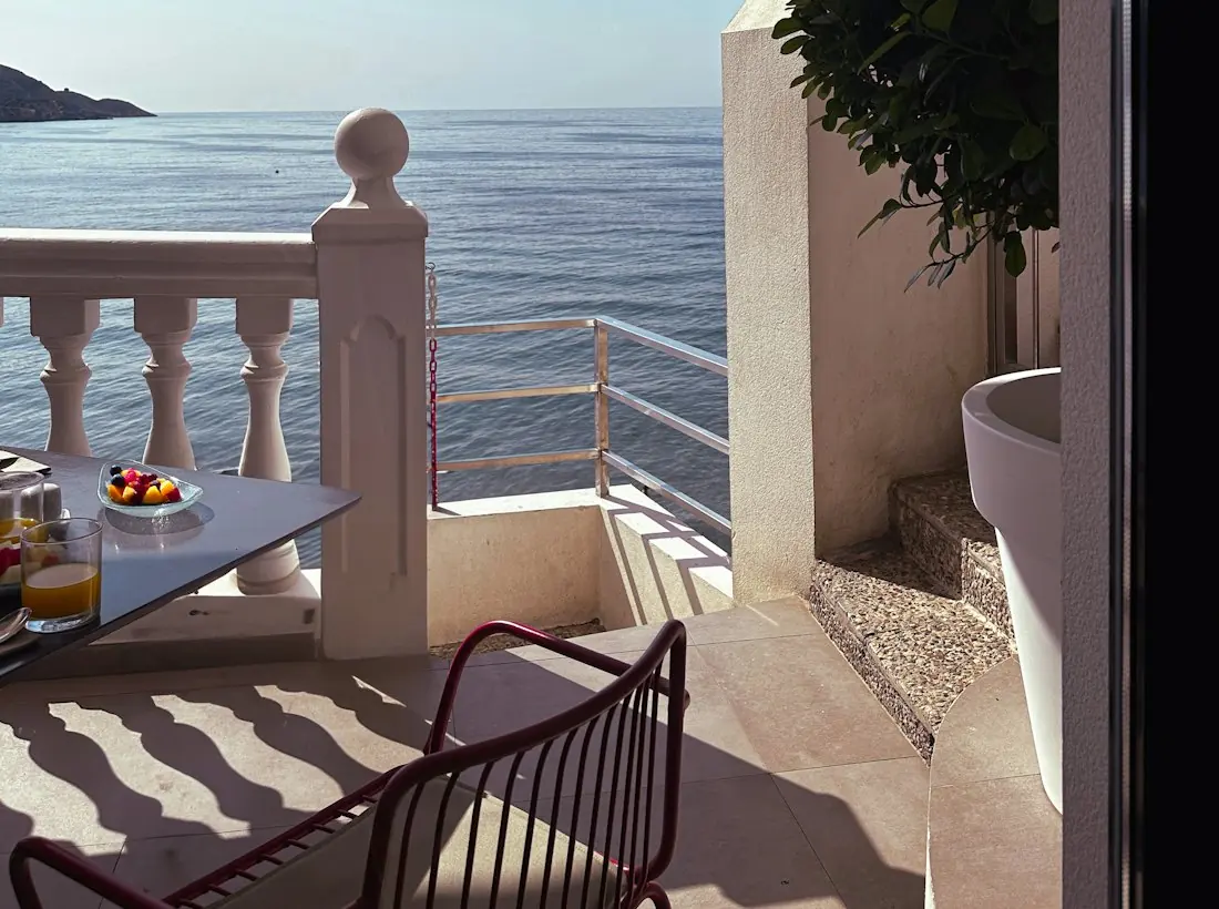 The terrace of an apartment overlooking the Mediterranean